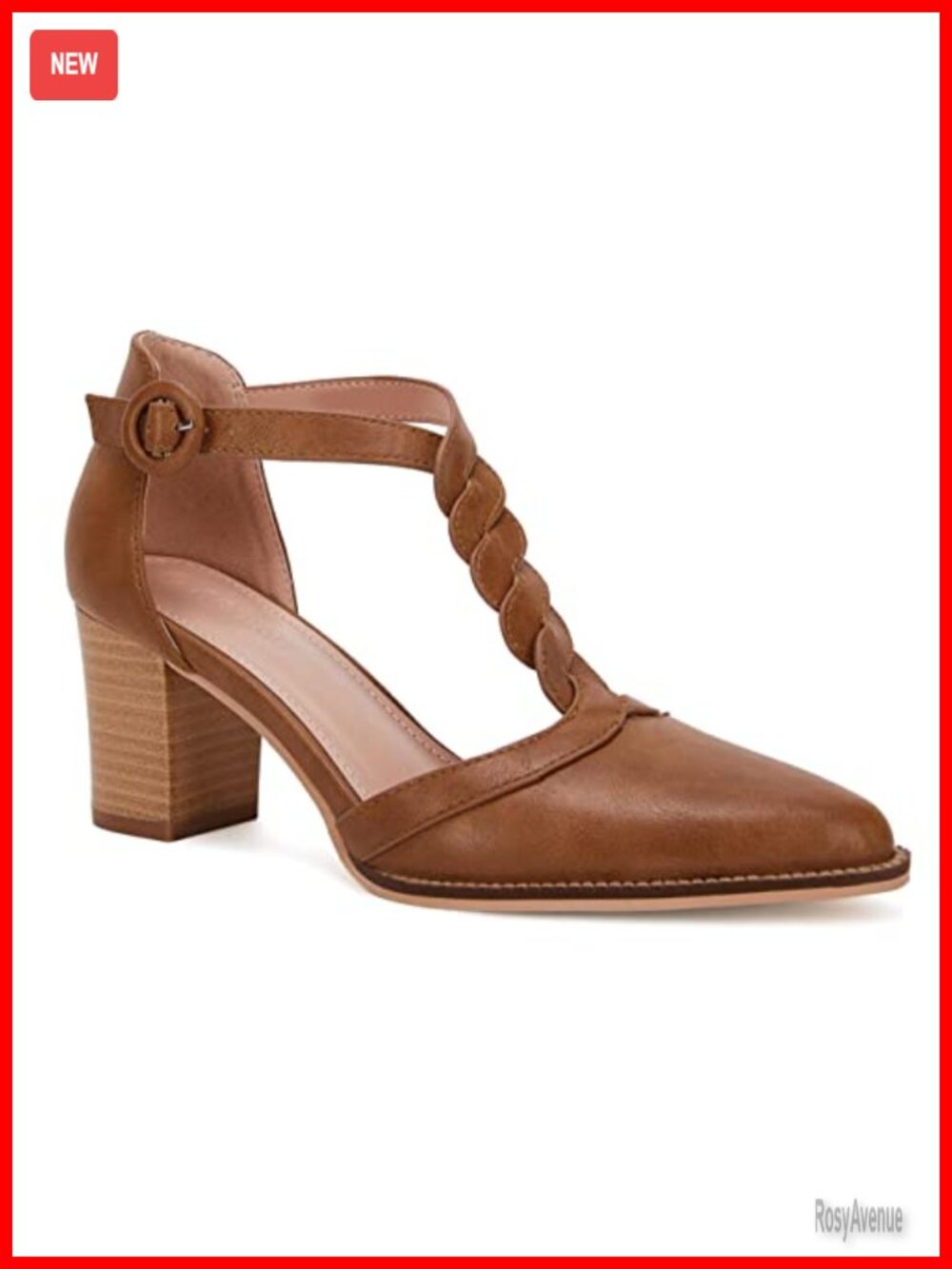 Coutgo Women's T-Strap Chunky Block Heel Pointed Toe Pump Dress Work Shoes